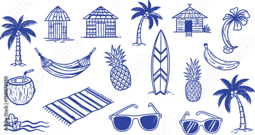Tropical vacation icons and summer symbols illustration