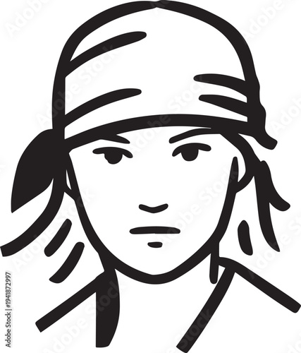 Hand Drawn Woman Pirate Black and White Avatar Illustration in Minimal Line Art Style Design