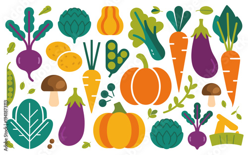 Colorful flat collection of fresh vegetables and produce white background food healthy