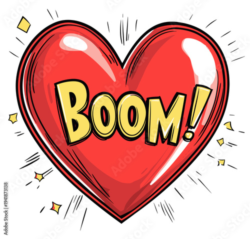 This modern illustration showcases a closeup heart in halftone, a cloud, and an explosive callout for dialogue with boom text, all presented in a pop art style against a white background