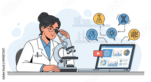 Female Scientist Using Microscope and Laptop for Chemical Research and Online Study