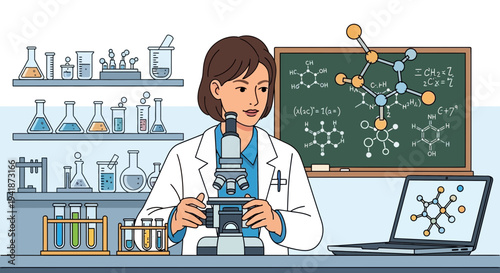 Female Scientist Using Microscope in Chemistry Lab with Molecular Structures