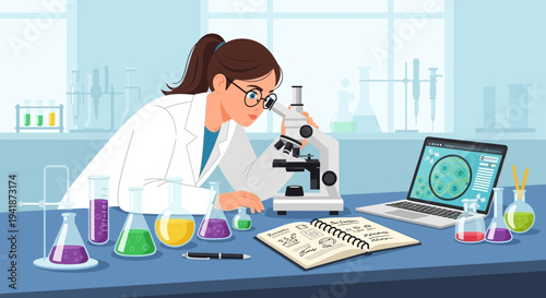Female Scientist Using Microscope in Laboratory for Research and Analysis