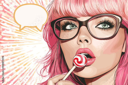 In a pop art style inspired by retro comics, a candy shop poster showcases a sexy girl with glasses, long pink hair, and a bright lollipop in hand, with her mouth open and a speech bubble, all on a