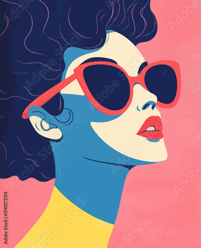 A retro pop art-inspired portrait presents a fashionable woman with an exaggerated hairdo, juxtaposed against a bright pink background, with bold and vibrant colors, designed to be compatible with