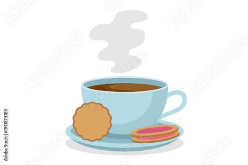 Light blue cup of hot coffee with steam and cookies a saucer beverage