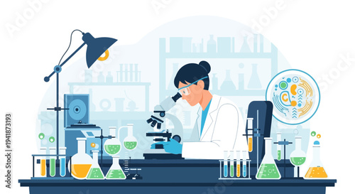Female Scientist Using Microscope in Laboratory for Research and Analysis