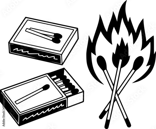 Matchboxes and Burning Matches with Flames a White Background fire
