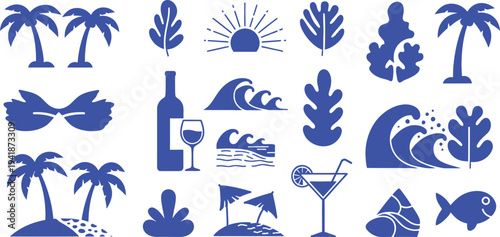 A collection of blue beach icons on a white background including palm trees and cocktails