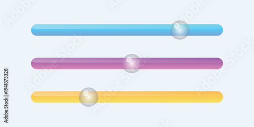 A colorful graphic design featuring three horizontal bars with spheres