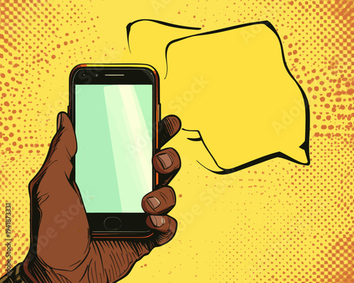 An empty screen smartphone is held by an african american male hand set against a pop art copyspace background