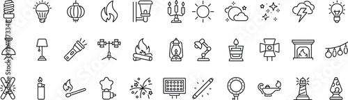 Set of icons related to light sources. Linear icon collection. Editable stroke. Vector