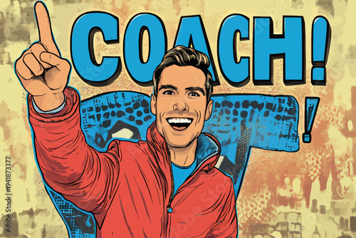 A pop art male face, young and carefree, is captured in a moment of jubilation, mouth open and hand raised, as he celebrates a goal, with a speech bubble highlighting his excitement, all presented in