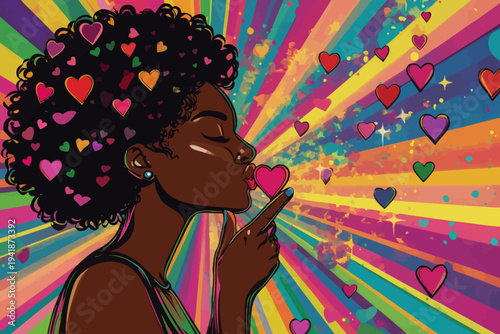 The Valentine's Day party invitation poster showcases a young woman, sexy and charming, with closed eyes, blowing a kiss, and hearts floating around her, all set on a bright, modern background with a