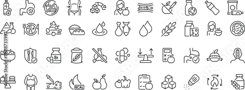 Set of icons related to nutrition. Linear icon collection. Editable stroke. Vector