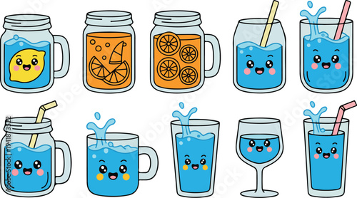 Set of cute kawaii summer drinks with smiling faces, fresh orange and lemon juice with ice and straws