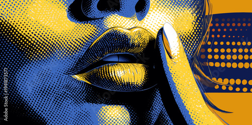 In a pop art style illustration, a woman is shown making a silence gesture with her finger on her lips, accompanied by the phrase shut up on a banner