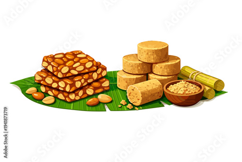 Peanut candy bars and round treats on banana leaf