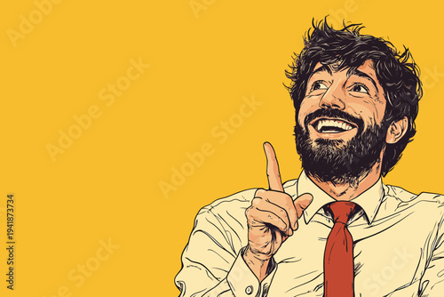 A surprised male with a shocked facial expression, a bearded hipster man, is shown pointing with his finger in a modern illustration that blends pop art with retro comic elements