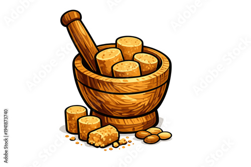 Wooden mortar and pestle with paçoca candy and peanuts