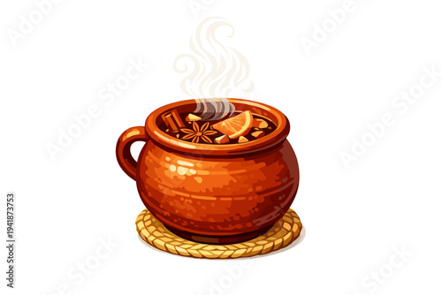 Hot mulled wine in a clay pot with orange and spices