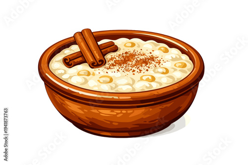 Traditional sweet corn pudding with cinnamon sticks in clay bowl