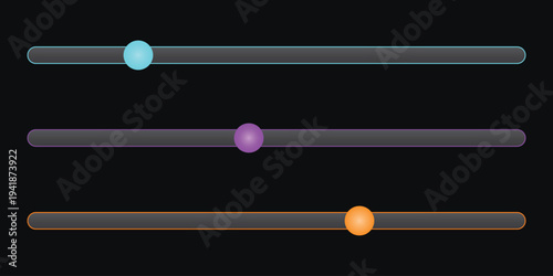 A minimalist graphic design featuring three horizontal sliders with colorful dots on a sleek black background
