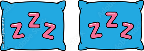 Blue Pillow Vector Icons with Cartoon Sleep Symbols Featuring Pink Z Letters for Rest Relaxation and Bedroom Design Concepts