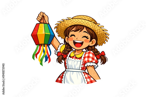 Joyful Brazilian girl holding colorful Festa Junina lantern