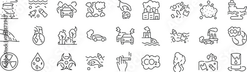 Set of icons related to pollution. Linear icon collection. Editable stroke. Vector
