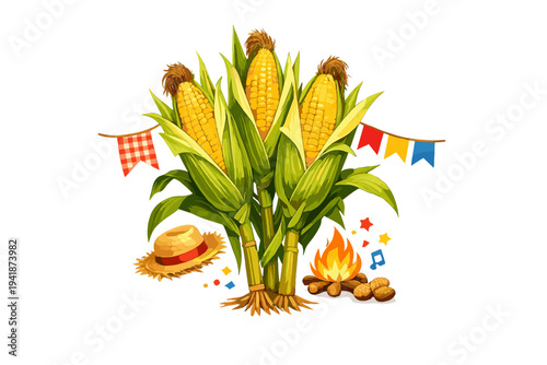 Three ripe corn cobs with festive decorations and campfire