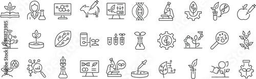 Set of icons related to biotechnology, biochemistry, farming, science. Linear icon collection. Editable stroke. Vector