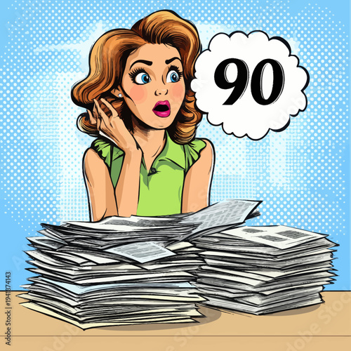 A modern pop art comic style illustration portrays a woman in an office, sitting at a desk cluttered with documents, her face etched with stress as she engages in her busy work