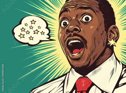 Pop art style template advertising poster with a modern illustration of a happy man from Africa