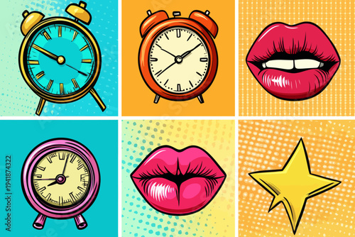In a modern illustration, a pop art style is utilized to create a colorful set of comic icons, consisting of a megaphone, lips, star, bomb, alarm clock, and lightning