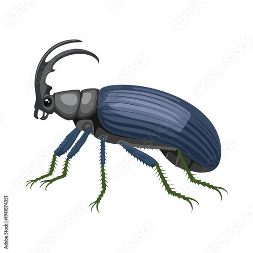 Stylized illustration of a large beetle with prominent horns