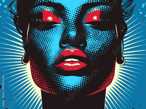 In a pop art style illustration, comic rays and blue dots combine to create a modern background