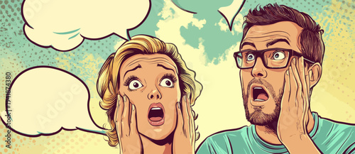 Two shocked Europeans, a man and a woman, are featured in a modern illustration of a template advertising poster done in pop art style