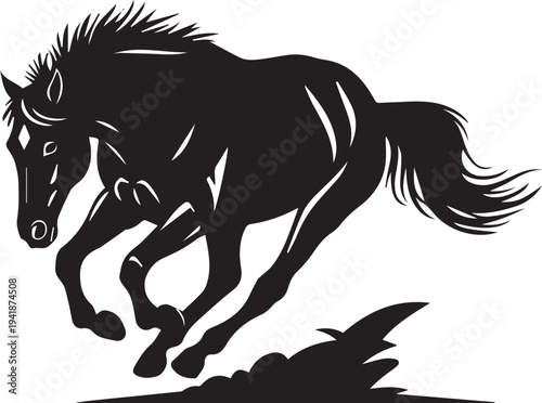Powerful mustang horse jumping over obstacle in motion action vector silhouette illustration