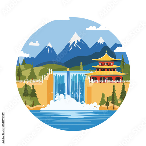 Scenic illustration of a temple and waterfall in a mountain landscape