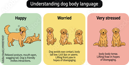Educational Vector Chart Illustrating Dog Body Language with Happy, Worried, and Very Stressed Emotional States