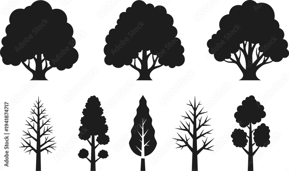 Fototapeta premium Tree Silhouette Set with Deciduous and Stylized Forest Trees, Black Botanical Icons Isolated on White Background
