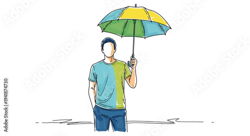 A man holding a colorful umbrella on a rainy day