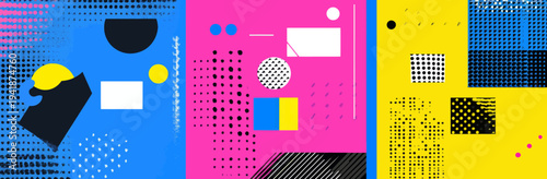 This summer design boasts a contemporary art style with modern and trendy elements, perfect for social media, including a creative and colorful collage, watercolor and geometric patterns, and lines,