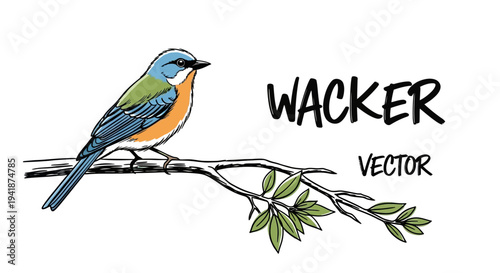 A colorful bird perched on a branch with leaves