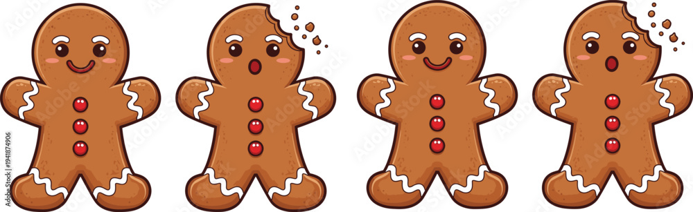 Obraz premium Four Cute Gingerbread Cookies with Icing and Red Buttons for Christmas and HolidayFour Cute Gingerbread Cookies with Icing and Red Buttons for Christmas and Holiday