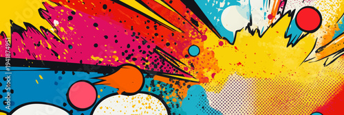 A modern illustration in pop art style depicts a colorful comic book background with blank white speech bubbles of various shapes, and incorporates visual effects like rays, radial patterns,