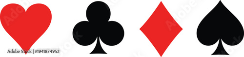 Illustrated Set of Playing Card Suits: Hearts, Clubs, Diamonds, and Spades in Bold Design