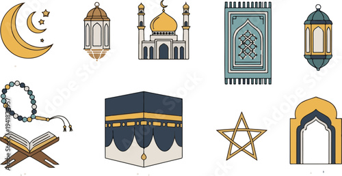 Set of 8 Islamic icons vector, Ramadan symbols