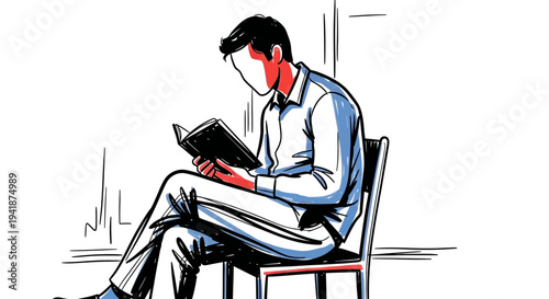 A man sits on a chair reading a book